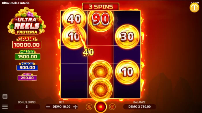 Ultra Reels Fruteria - schermata bonus con tre giri e raccoglitore